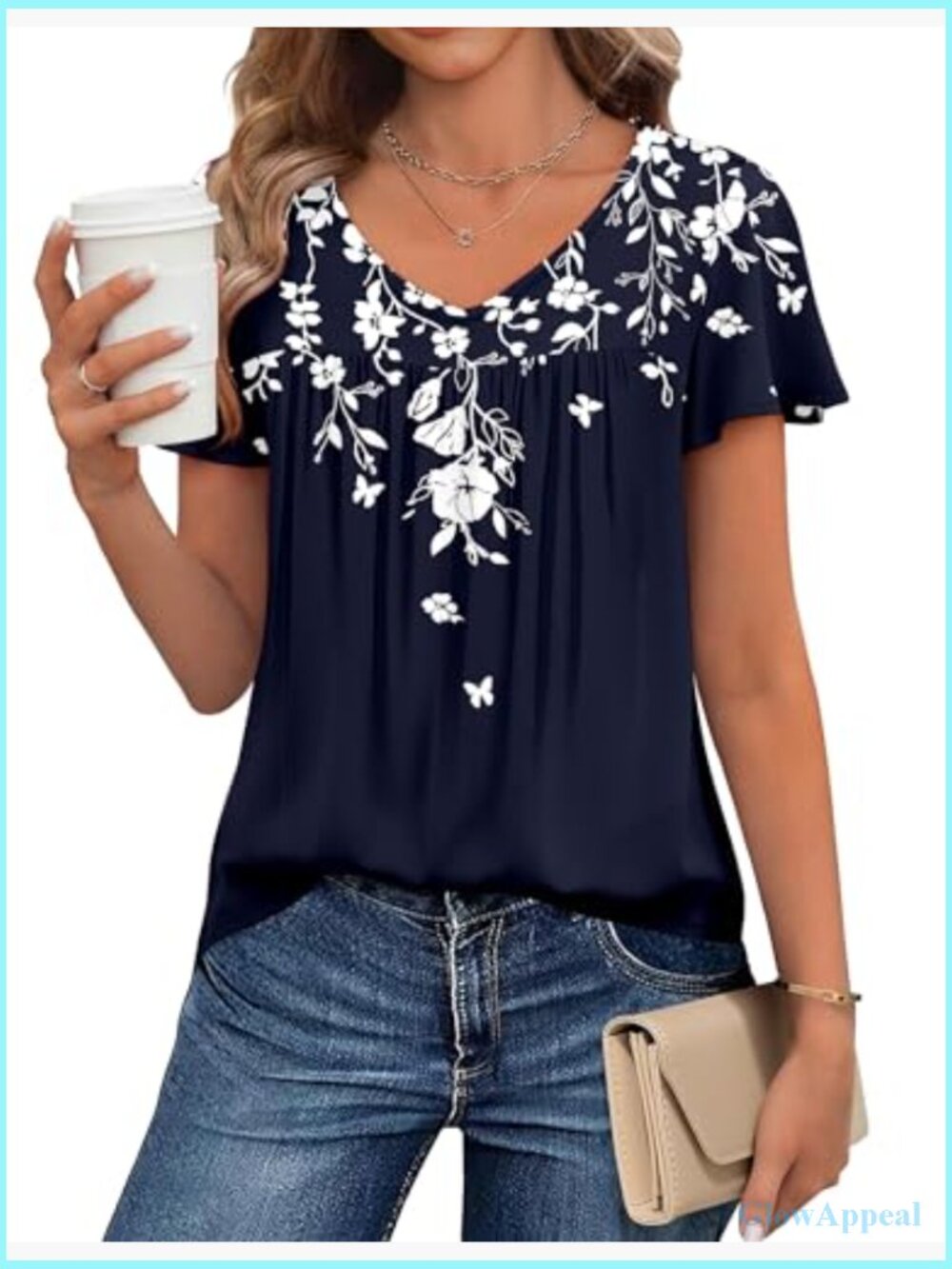 Ruffle Sleeve V-Neck Tunic Blouse, Polyester Spandex, Work Casual Top - Picture 2 of 7